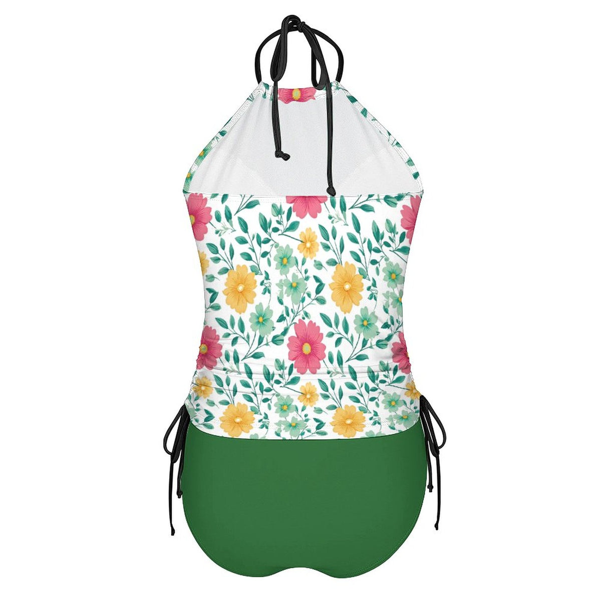 2-Piece Women's Tankini Set with High Neck Halter Top Green with Flowers