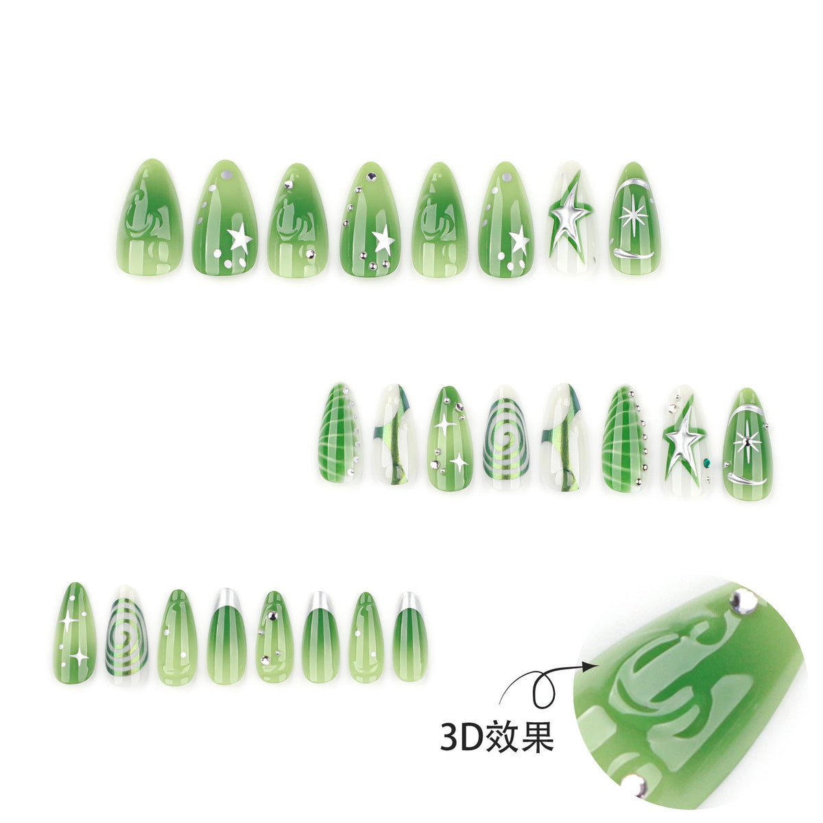 3D green smudged y2k short almonds press-on nails – Image 3