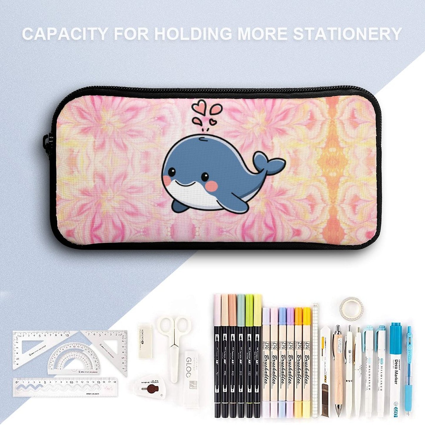 3 Pcs School Backpack Set for Kids (Backpack, Kid's Insulated Lunch Bag & Pencil Case Organizer) - Pink backgroud blue whale