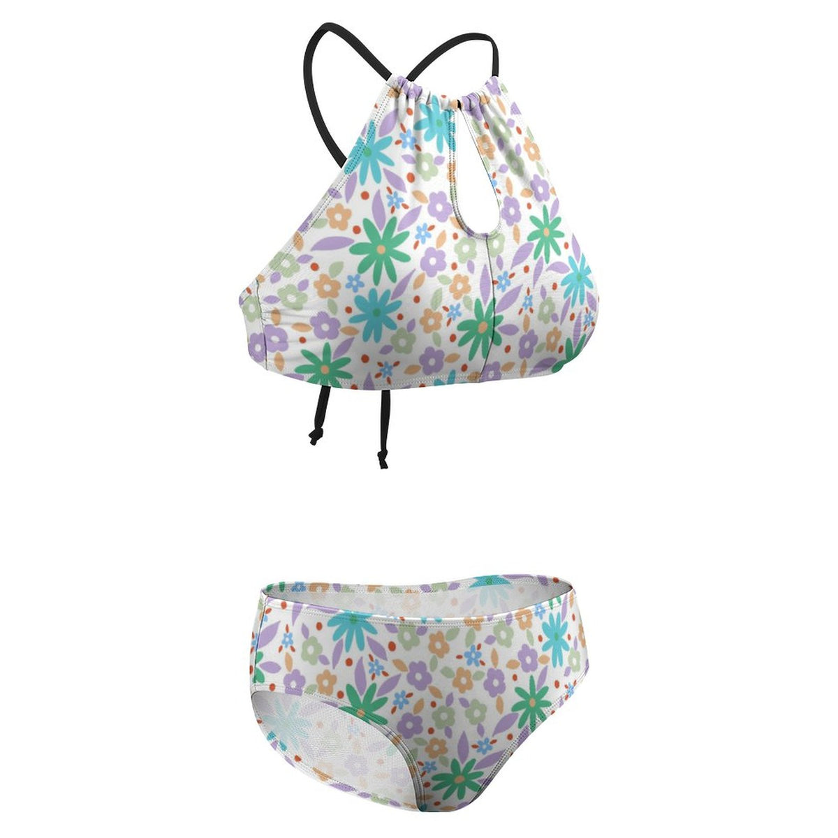 Women's Two piece Swimsuit with High Neck Halter Top Super Cute Flowers