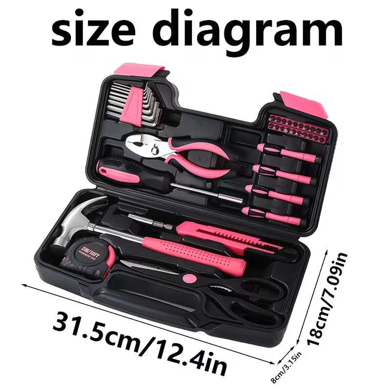 The 39pcs Pink Tool Kit is a versatile collection of hand tools perfect for any home or workshop.