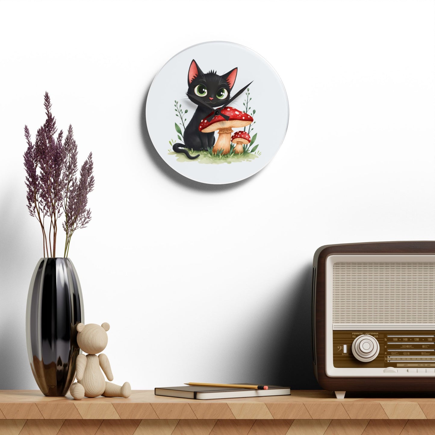 Whimsical Cat & Mushroom Acrylic Wall Clock