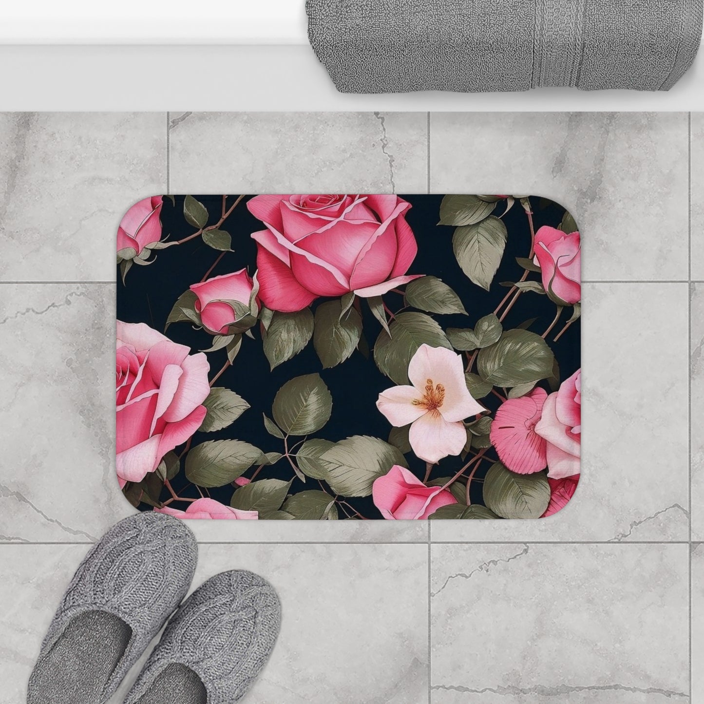 Elegant Floral Bath Mat for Relaxing Bathrooms, Rose Bath Decor, Home Spa Accessory, Mother's Day Gift, Artisan Bathroom Rug