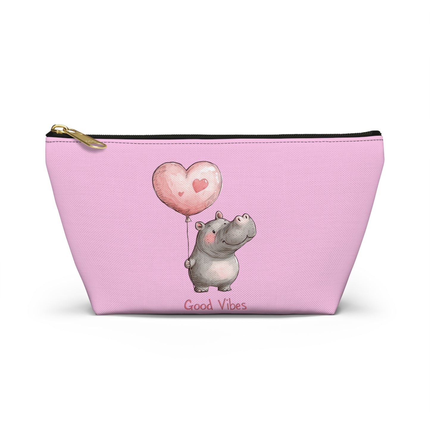 Cute Hippo Good Vibes Accessory Pouch, Makeup Bag, Travel Organizer, Gift for Animal Lovers, Cute Pink Storage Bag