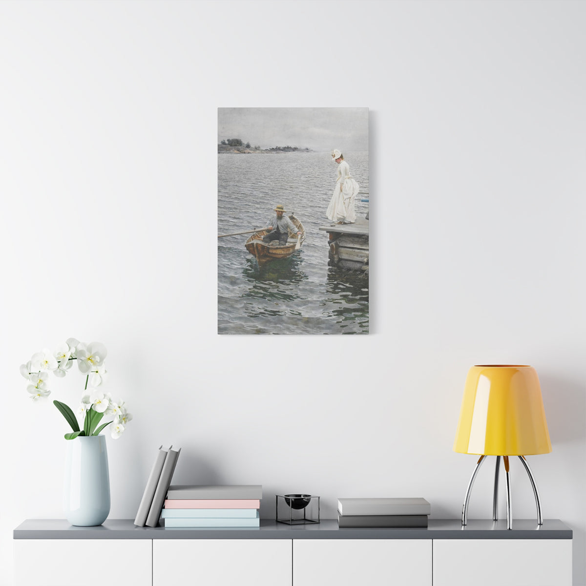 Seaside Stroll Canvas Print — Vintage Woman & Rowboat Matte Stretched Art 1.25"