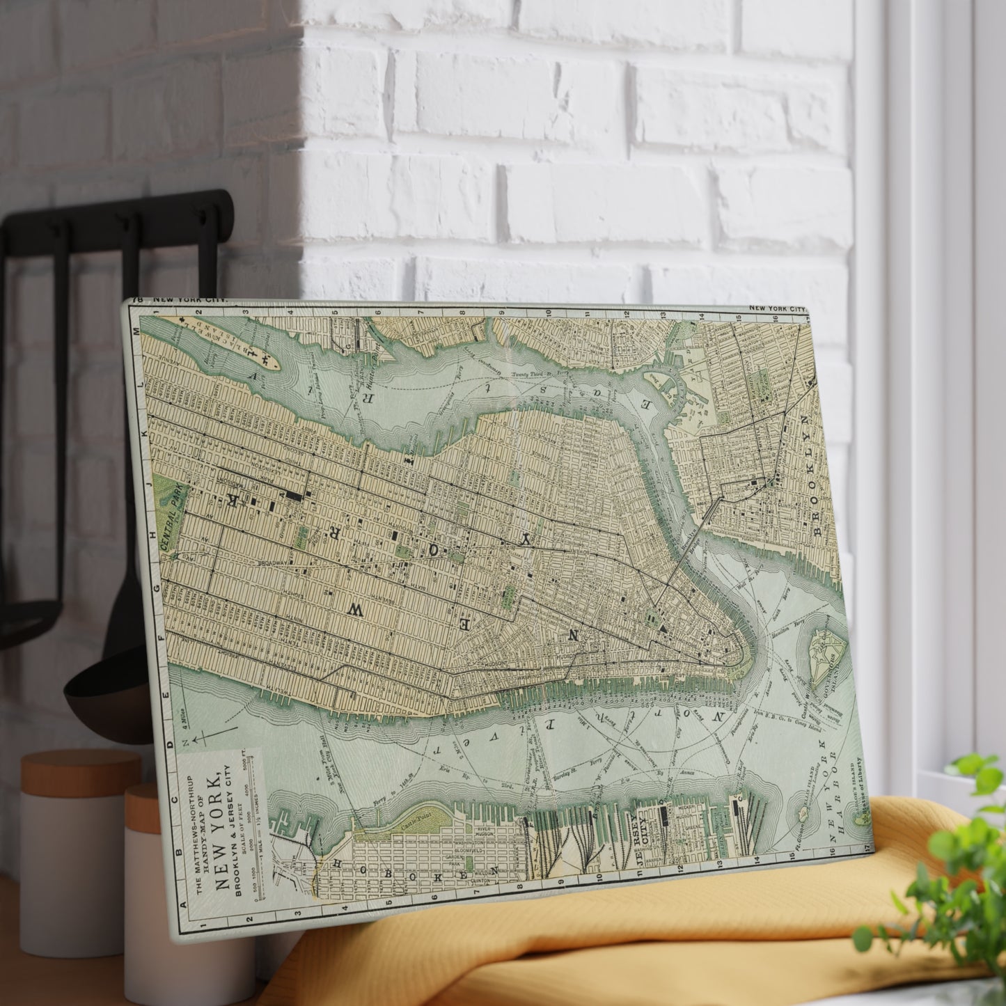 Vintage Map Glass Cutting Board — Antique New York City Map Kitchen Board