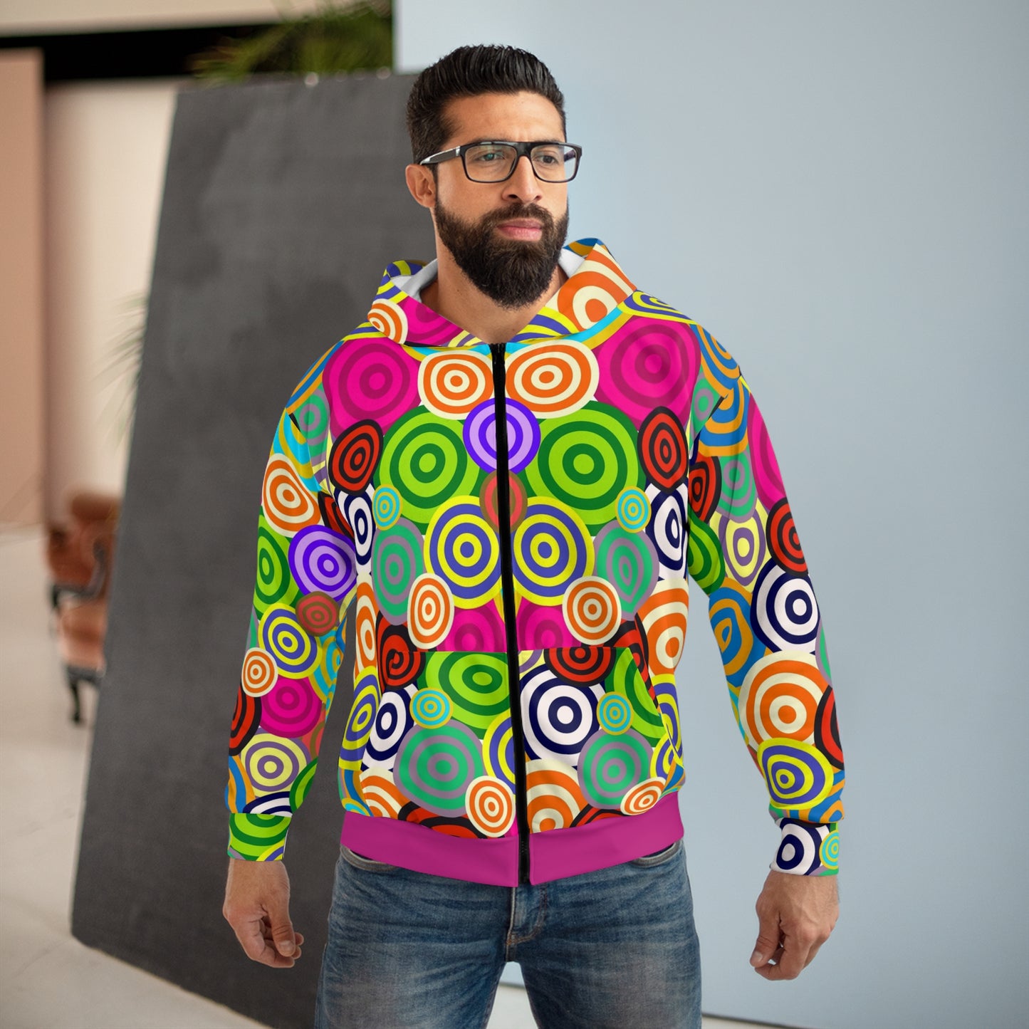 Colorful Patterned Unisex Zip Hoodie, Fun Hooded Sweatshirt, Vibrant Zip-Up Jacket, Unique Gift for Teens, Cozy Outerwear for All