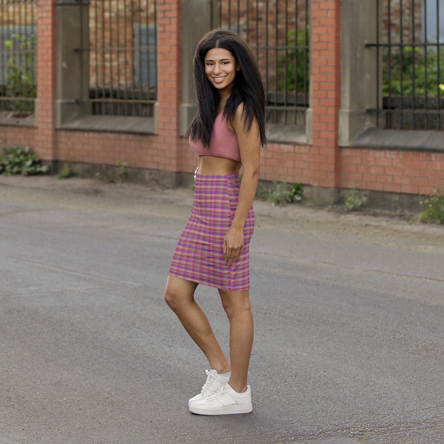 Pink Plaid Mid-Waist Pencil Skirt — Classic Tartan Print