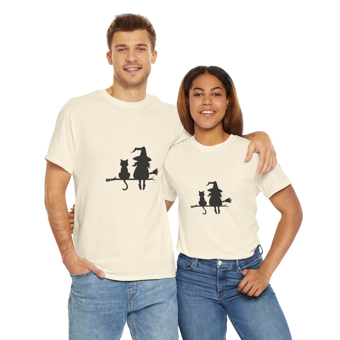 Witch and Cat Tee | Spooky Unisex Shirt for Halloween | Cute Witchwear for Cat Lovers | Fall Wardrobe Essential | Gift for Magical Friends