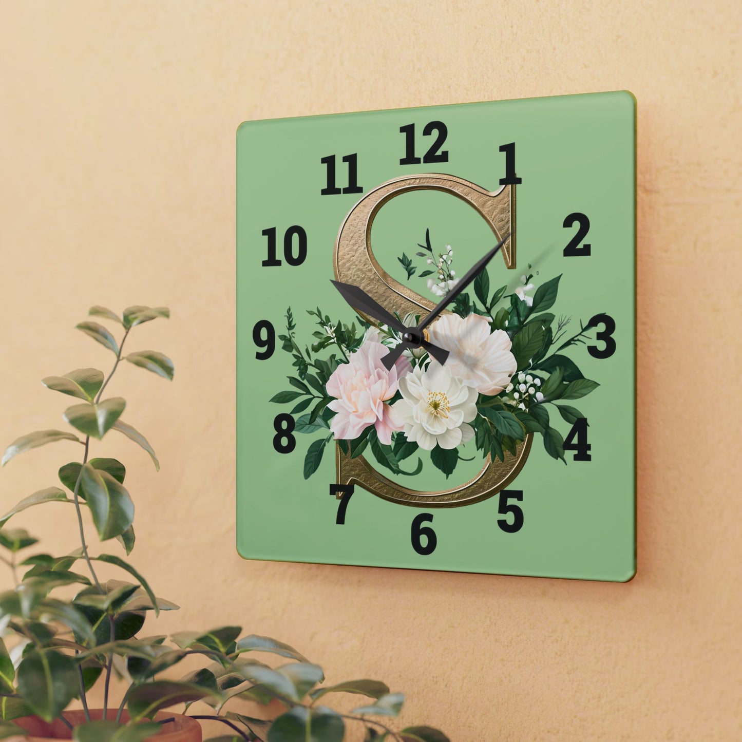 Floral Initial Acrylic Wall Clock, Elegant Home Décor