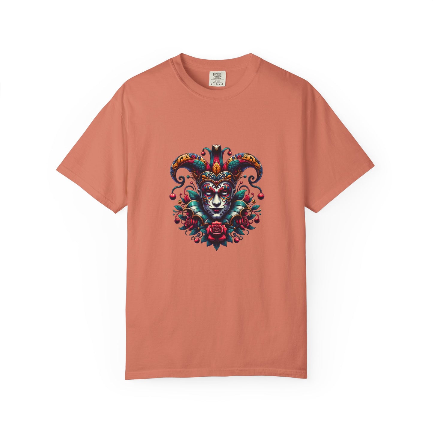 Vibrant Unisex Garment-Dyed T-shirt Featuring Colorful Jester Design, Festival Fashion