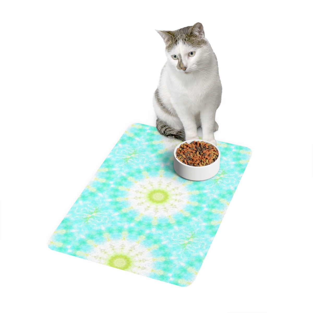 Aqua Tie-Dye Pet Food Mat (12x18) — Waterproof Cat & Dog Placemat