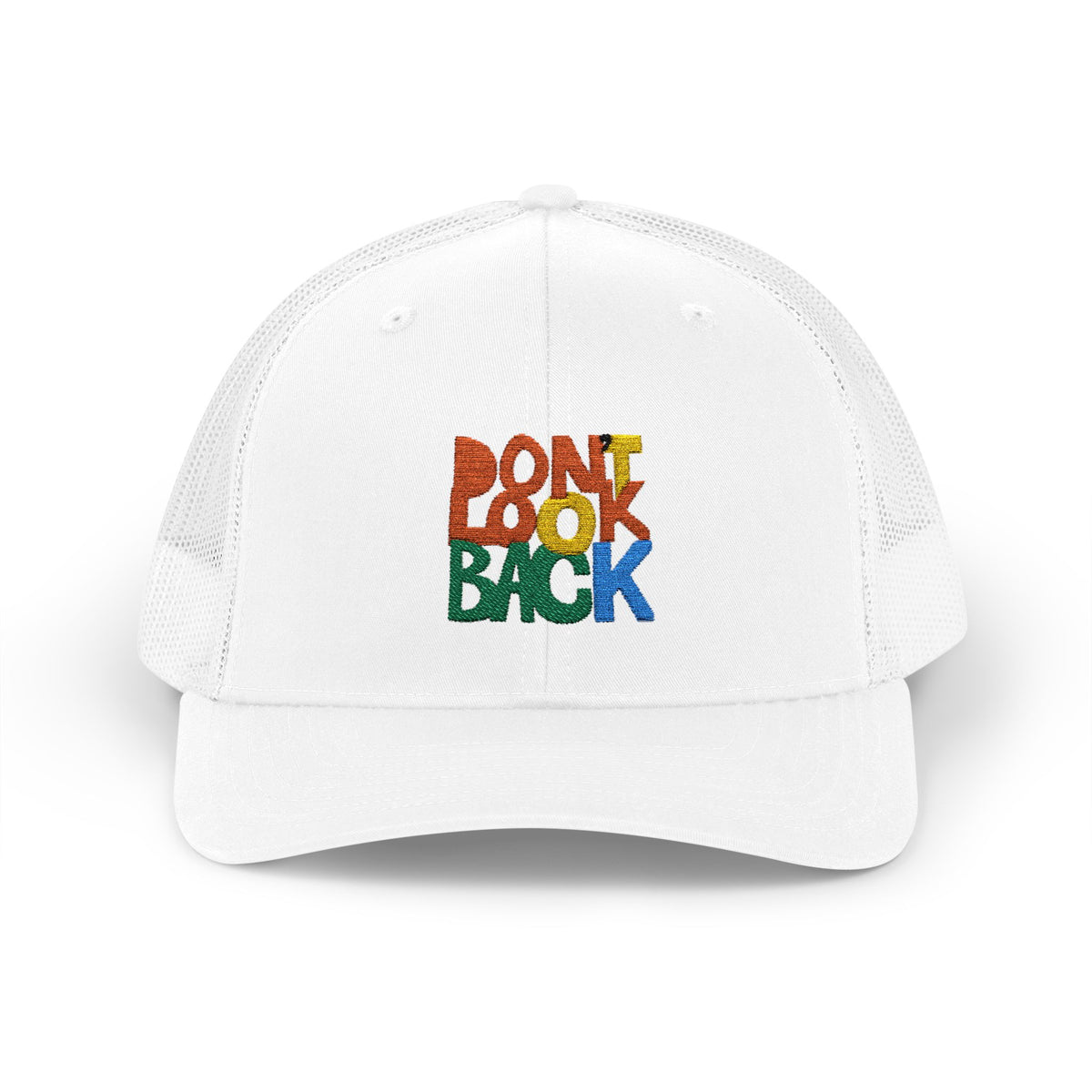 Don’t Look Back Snapback Trucker Cap — Retro Rainbow Embroidered Hat