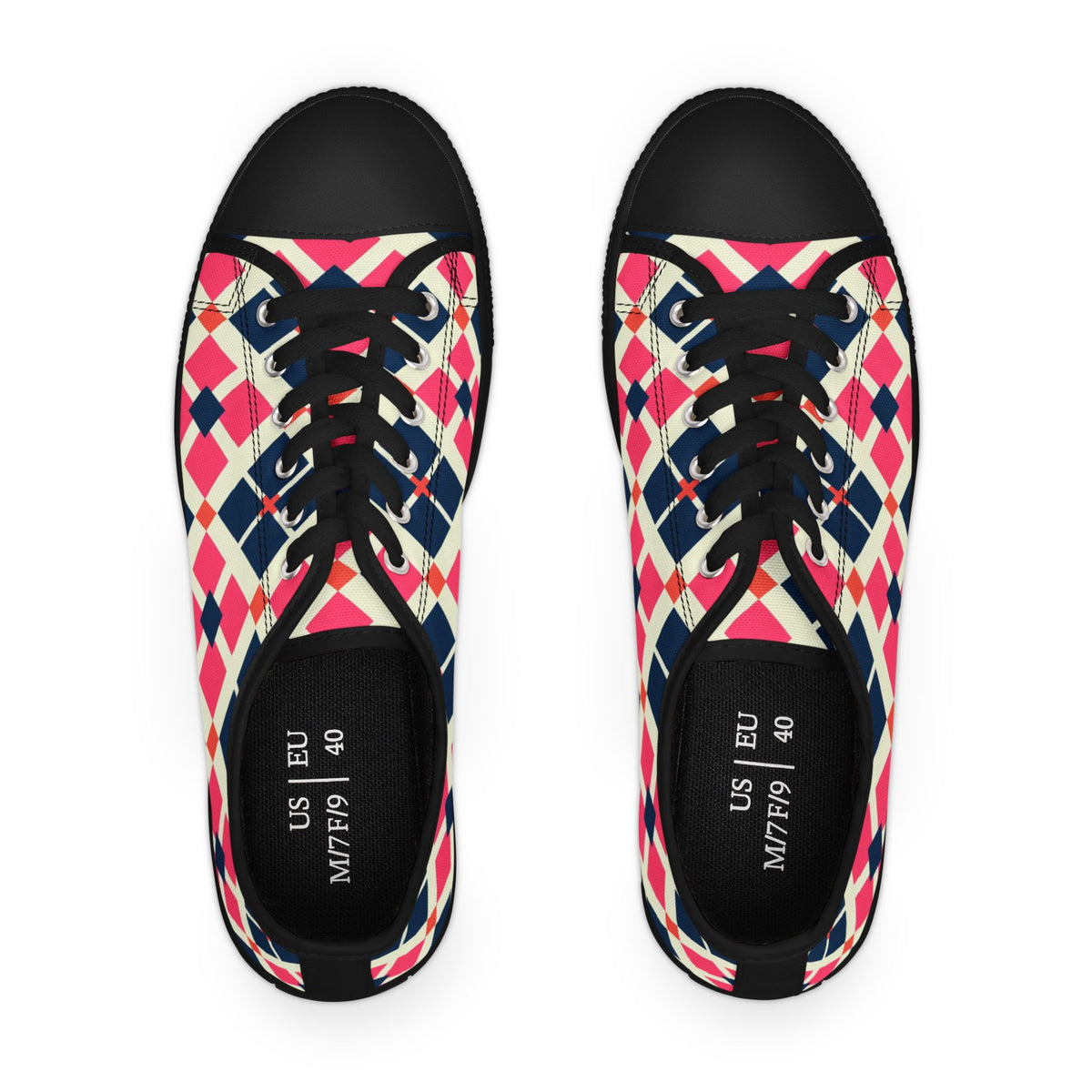 Argyle Pattern Low Top Sneakers — Pink Navy Geometric Casual Shoes