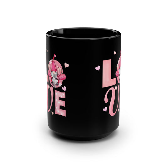 Love Florals 15oz Black Mug — Pink Heart & Lotus Coffee Cup