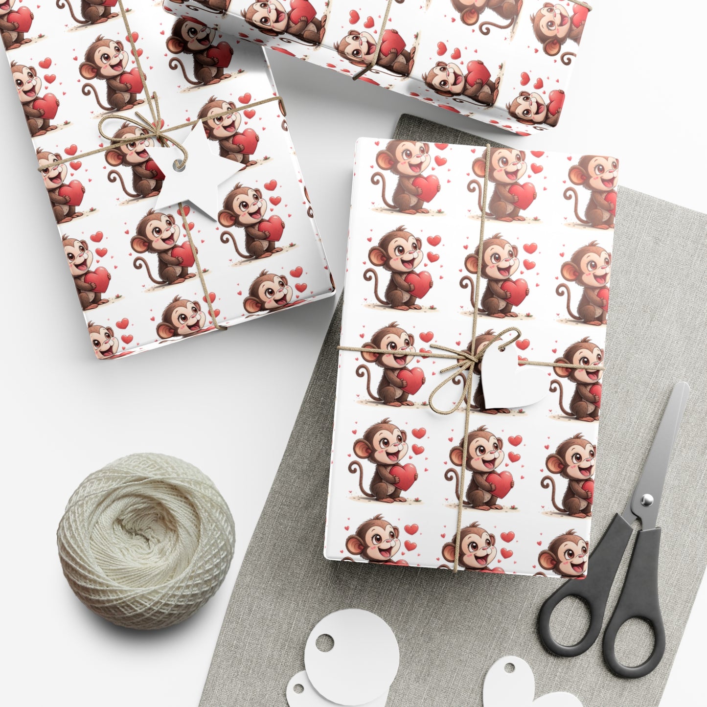 Cute Monkey Valentine's Gift Wrap Paper, Festive Wrapping Paper for Kids, Holiday Gift Wrap, Birthday Wrap, Monkey Love Print