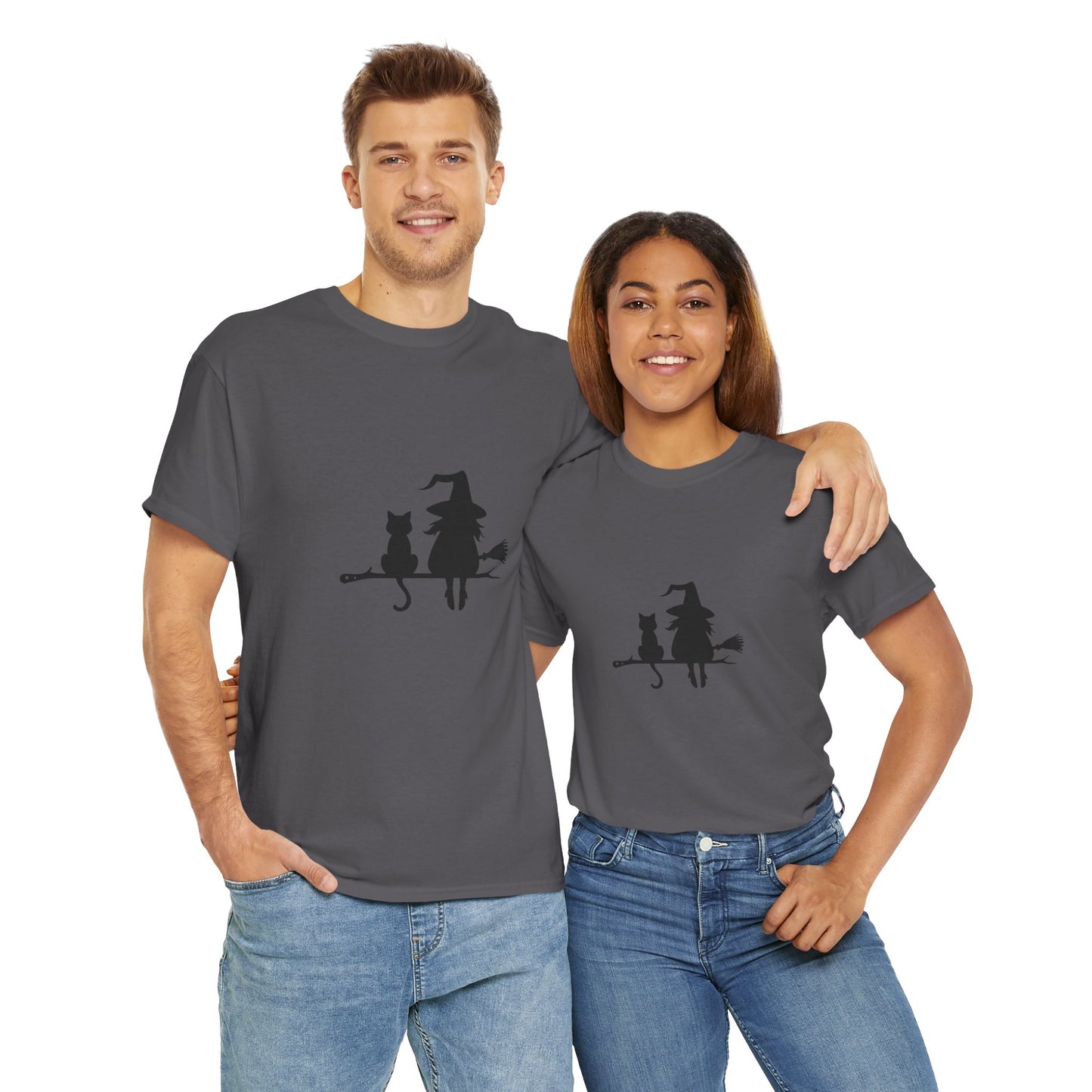 Witch and Cat Tee | Spooky Unisex Shirt for Halloween | Cute Witchwear for Cat Lovers | Fall Wardrobe Essential | Gift for Magical Friends