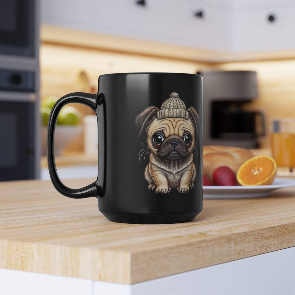 15oz Black Mug — Cute Pug Puppy with Beanie Coffee Mug