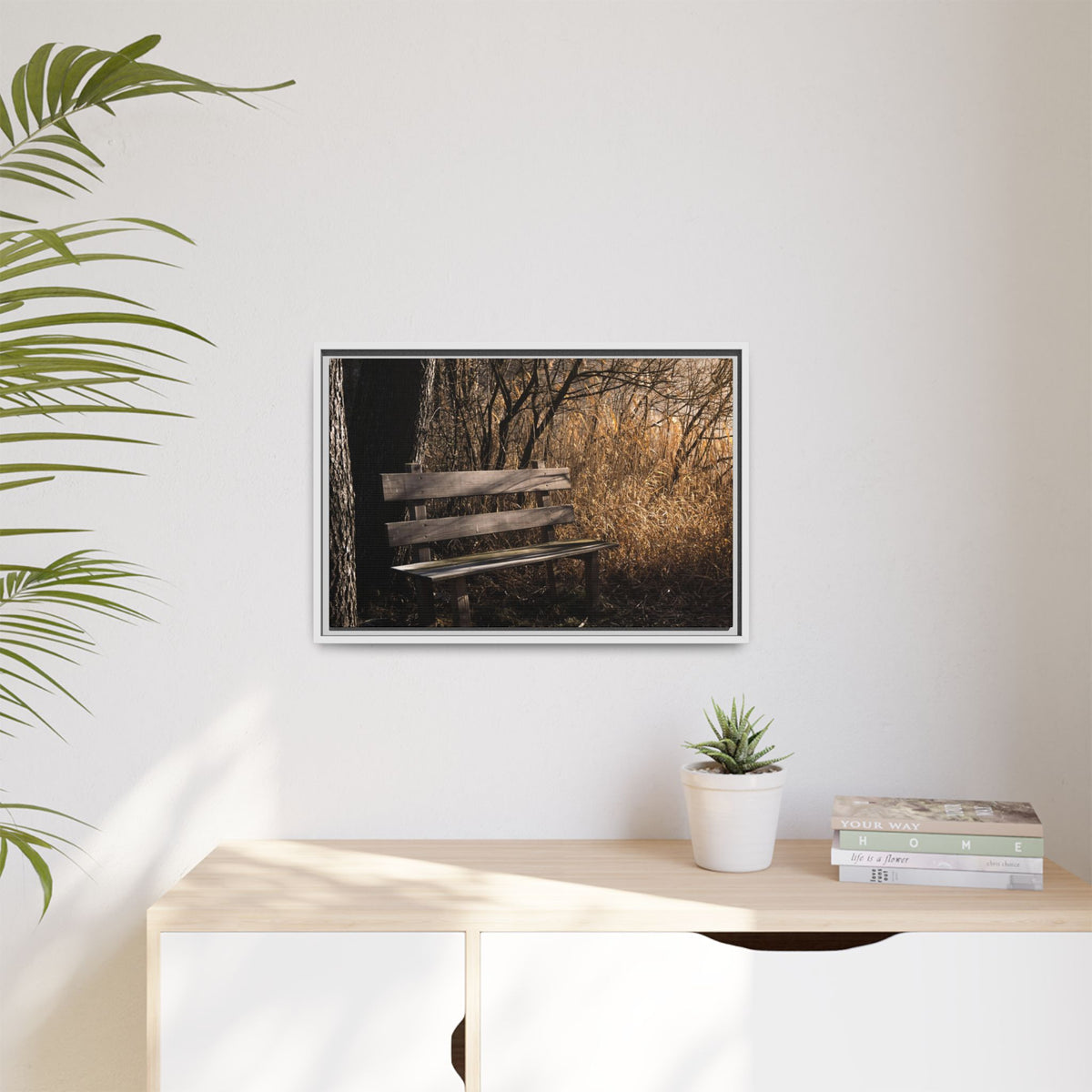 Framed Matte Canvas Print — Autumn Park Bench Photography