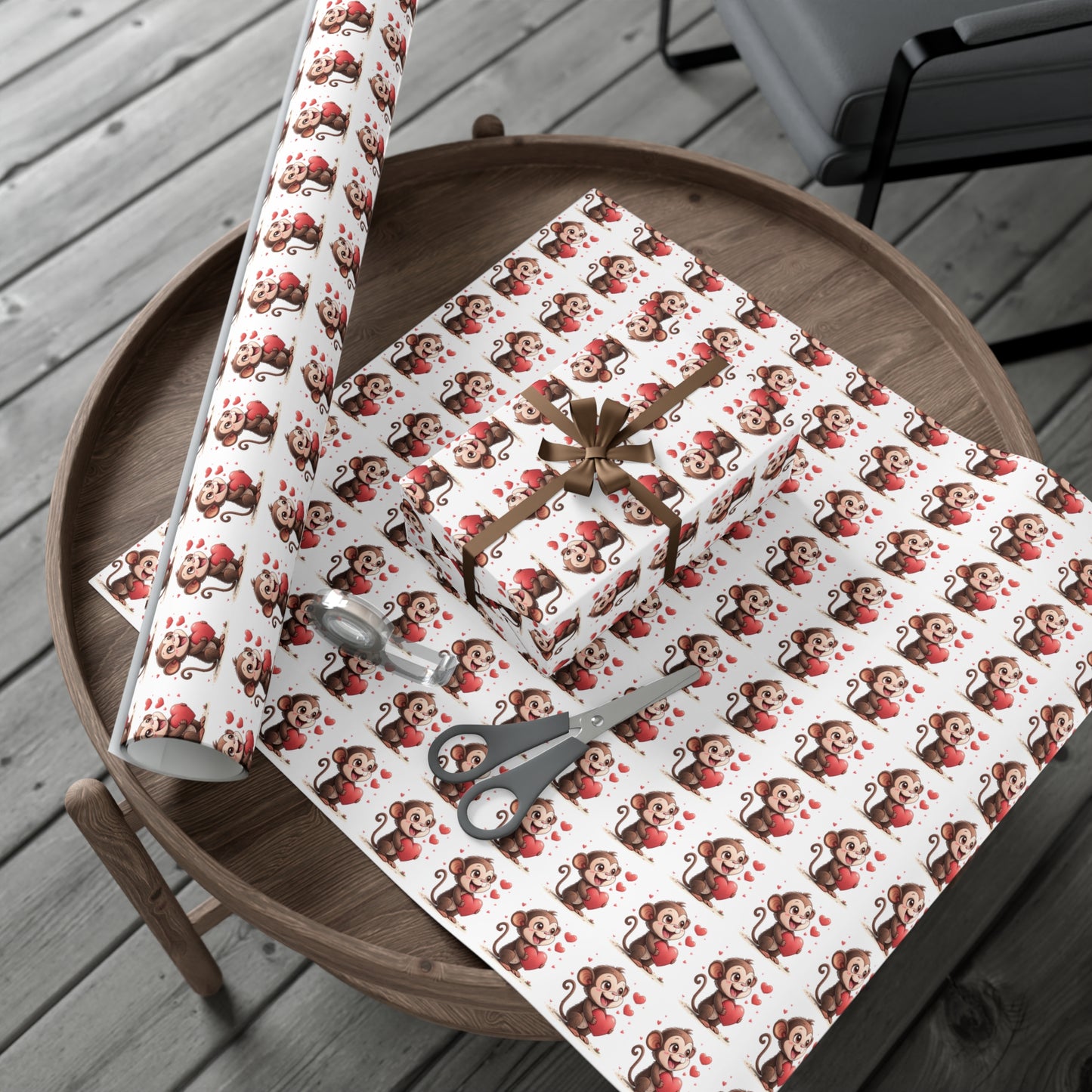 Cute Monkey Valentine's Gift Wrap Paper, Festive Wrapping Paper for Kids, Holiday Gift Wrap, Birthday Wrap, Monkey Love Print
