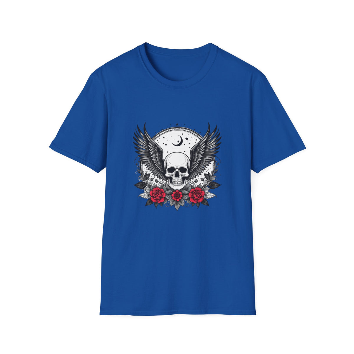 Skull Wings T‑Shirt – Crescent Moon & Red Roses Gothic Graphic Tee