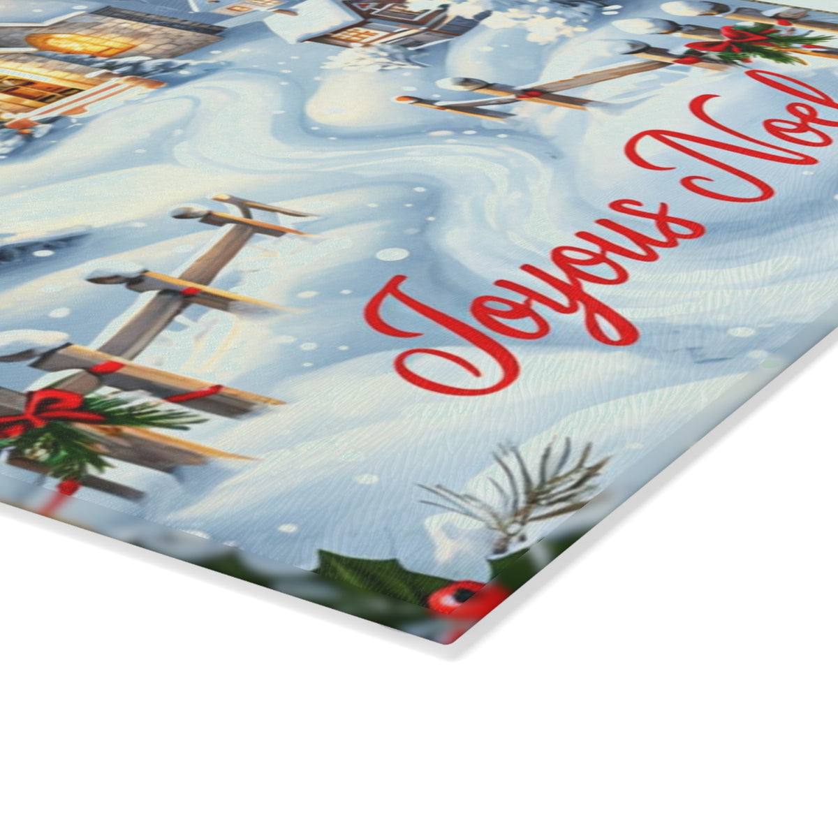 Glass Cutting Board — Joyeux Noël Winter Church Scene Holiday Kitchen Decor