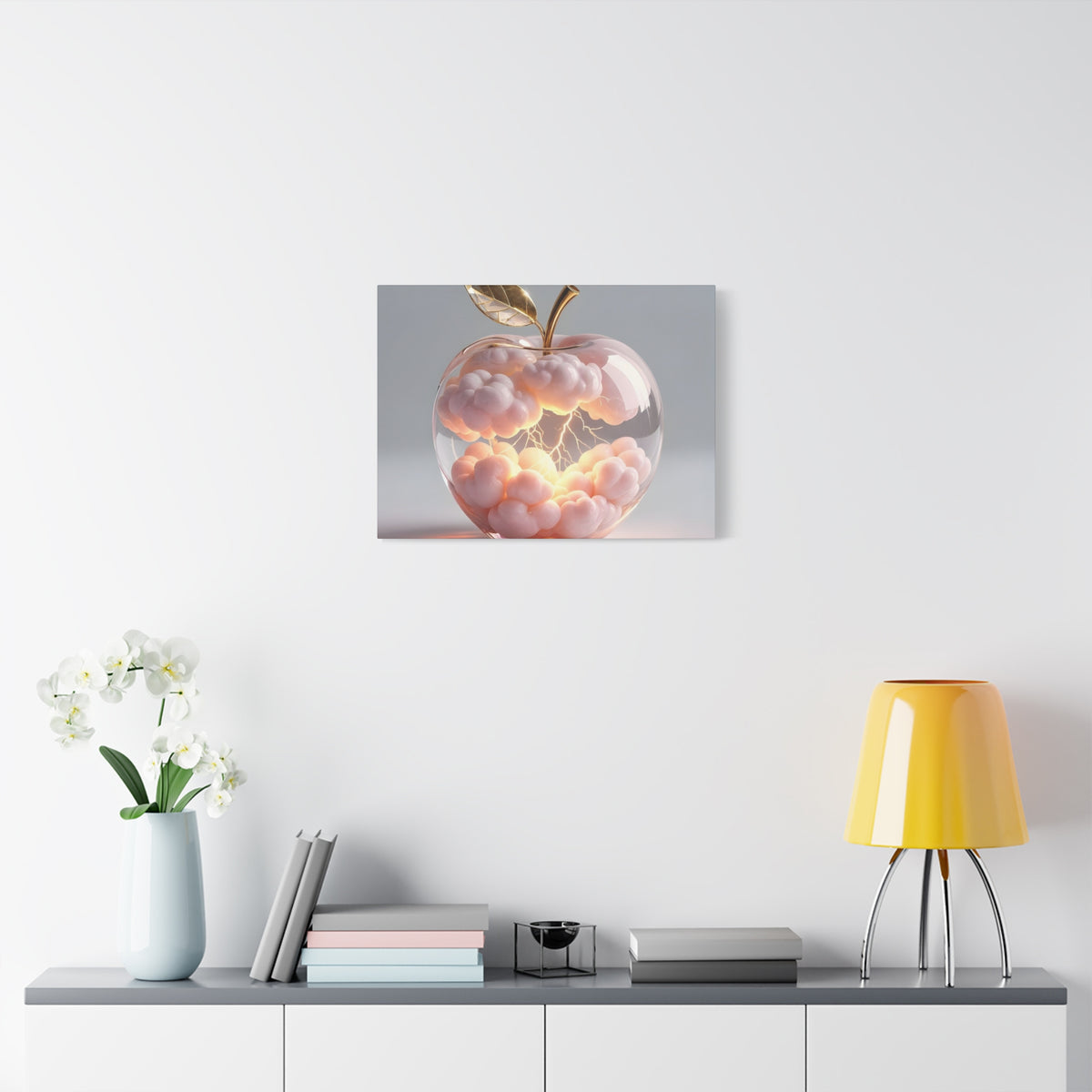 Surreal Glass Apple Canvas – Lightning & Pink Clouds Wall Art