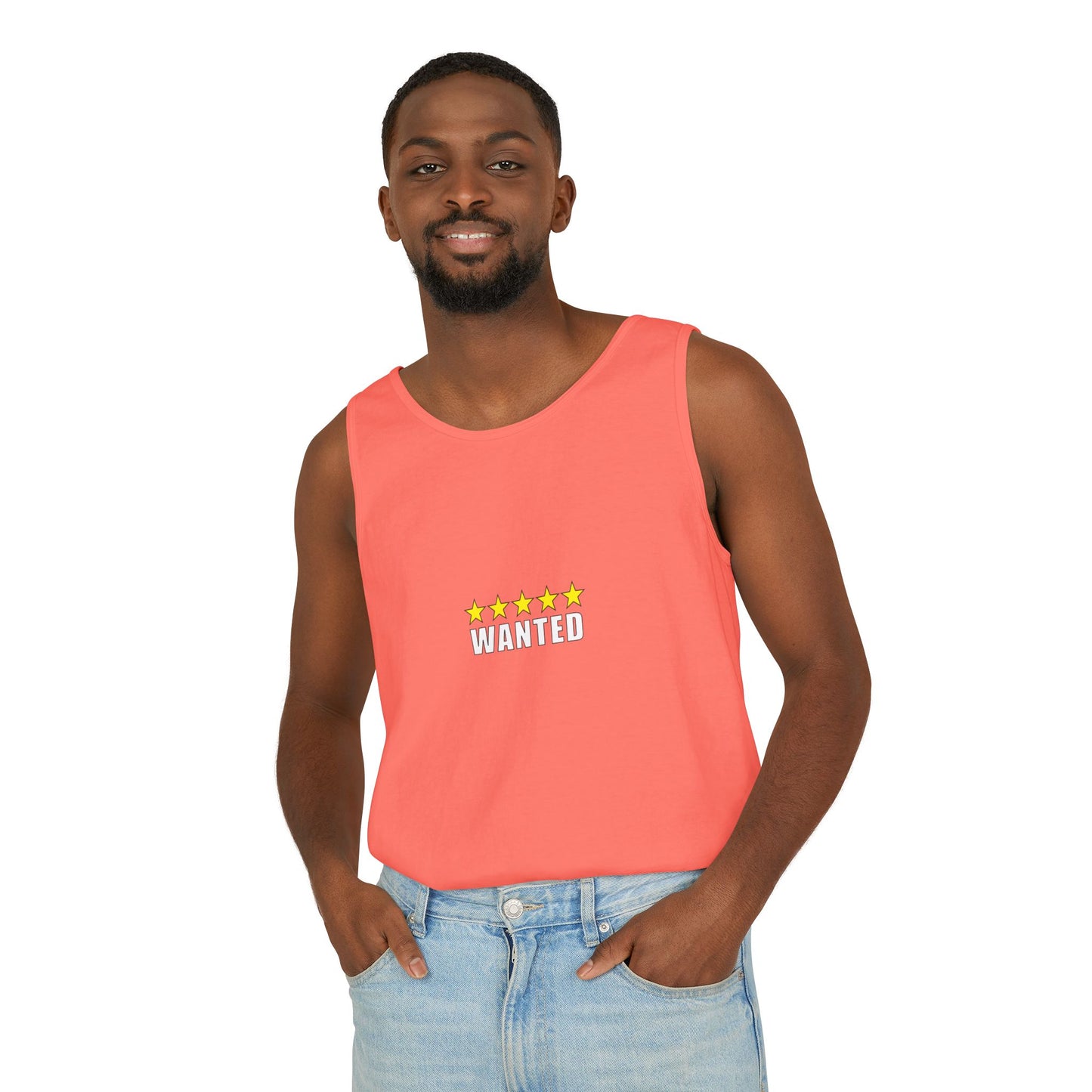 5-Star "WANTED" Garment-Dyed Tank Top, Unisex Summer Shirt, Gift for Him/Her, Trendy Casual Wear, Pool Party Outfit, Unique Graphic Tee