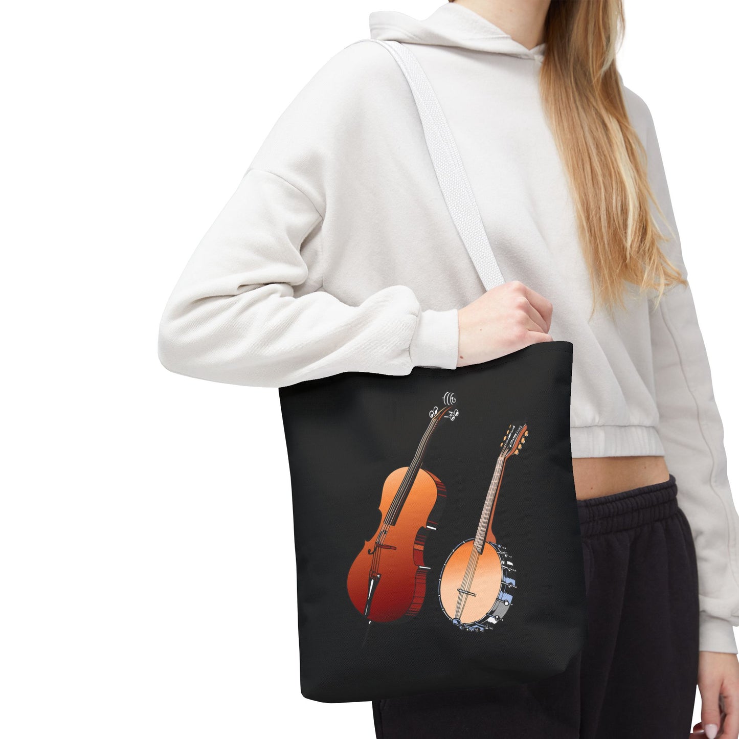 Musical Instruments Tote Bag, Music Lover Gift, Banjo and Cello Design, Stylish Grocery Tote, Concert Bag, Eco-Friendly Carryall