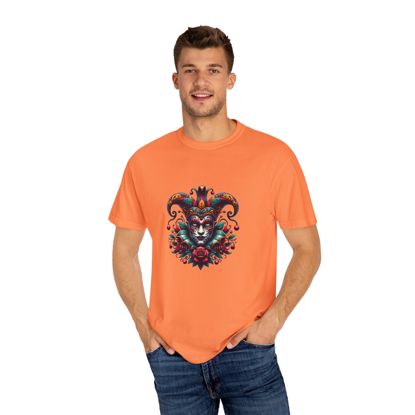Vibrant Unisex Garment-Dyed T-shirt Featuring Colorful Jester Design, Festival Fashion