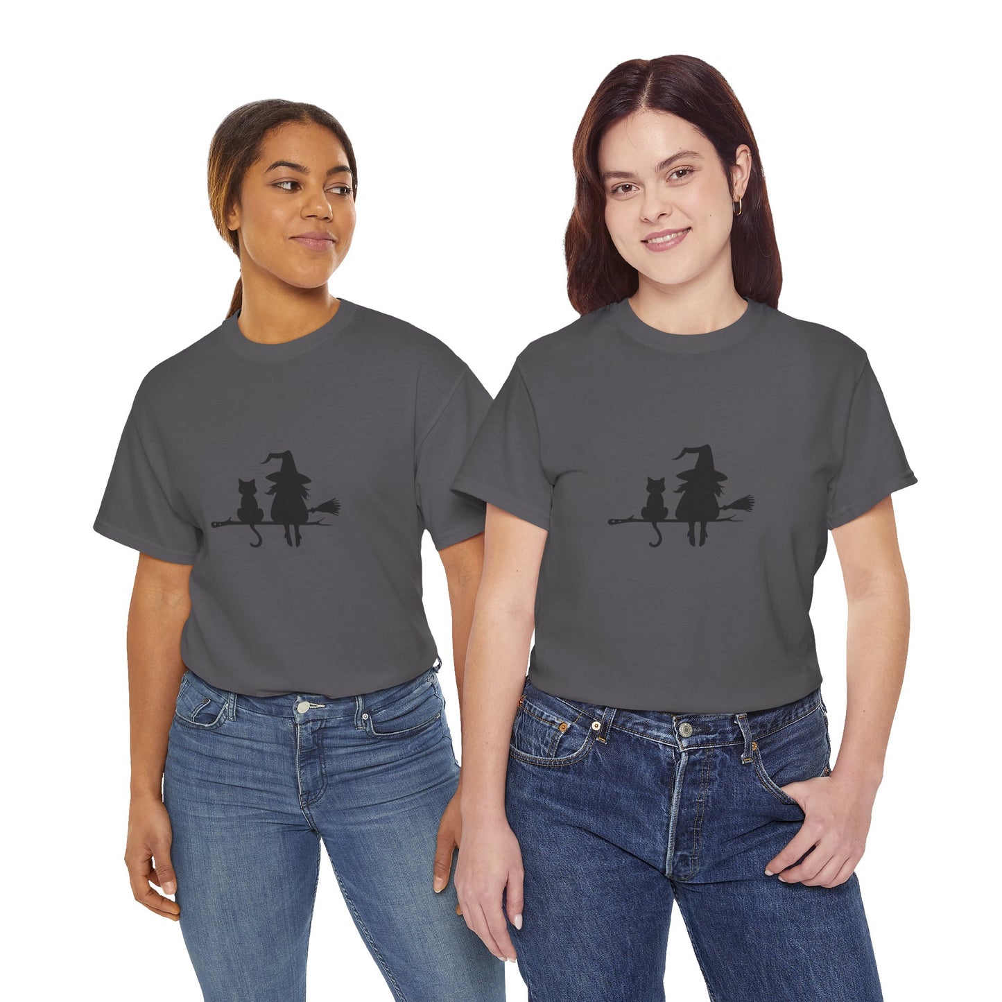 Witch and Cat Tee | Spooky Unisex Shirt for Halloween | Cute Witchwear for Cat Lovers | Fall Wardrobe Essential | Gift for Magical Friends