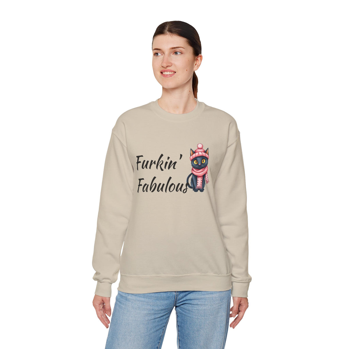 Crewneck Sweatshirt — "Furkin' Fabulous" Cute Black Cat in Pink Hat & Scarf