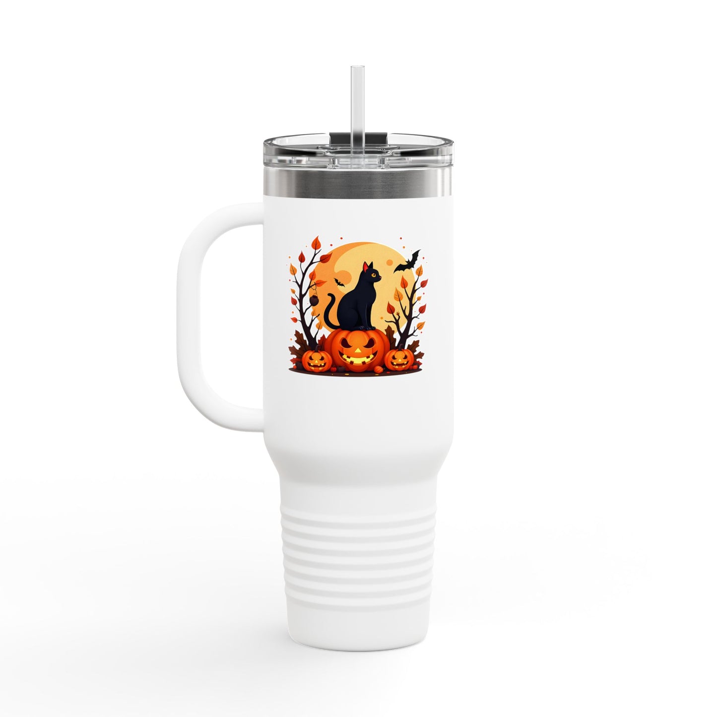 Halloween Cat Insulated Travel Mug | 40oz, Fall Coffee Tumbler, Pumpkin Travel Cup, Spooky Drinkware, Gift for Cat Lovers