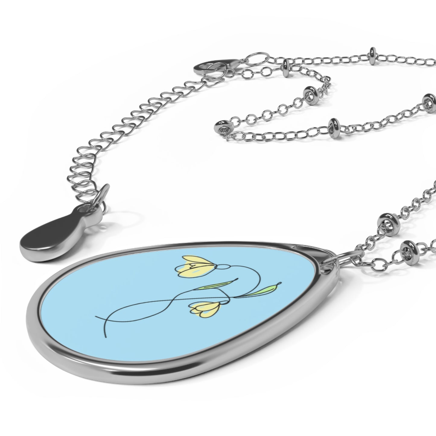Floral Oval Necklace with Blue Background, Perfect Gift for Mother's Day, Anniversary, or Birthdays, Women’s Jewelry, Handmade Pendant