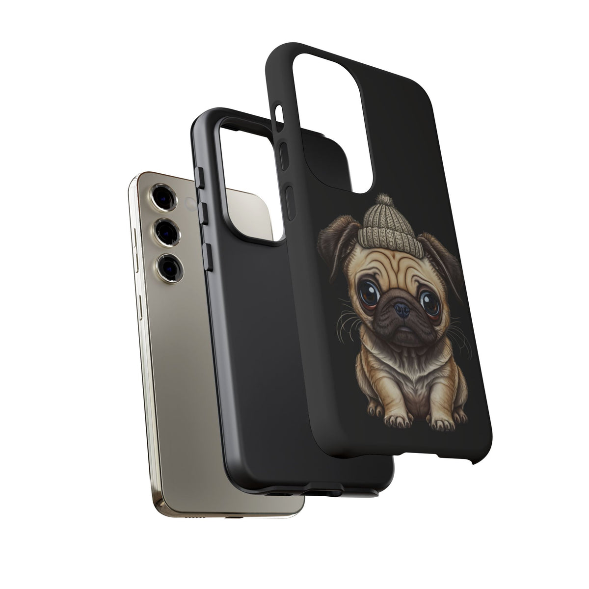 Pug Phone Case – Cute Pug Puppy Illustration on Black Tough Case