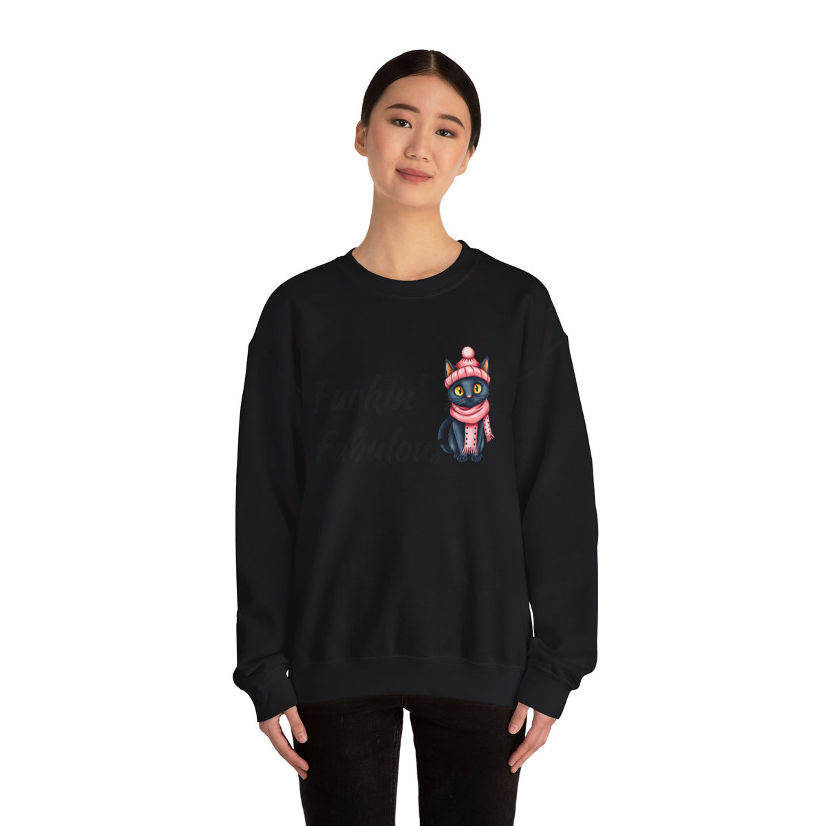 Crewneck Sweatshirt — "Furkin' Fabulous" Cute Black Cat in Pink Hat & Scarf