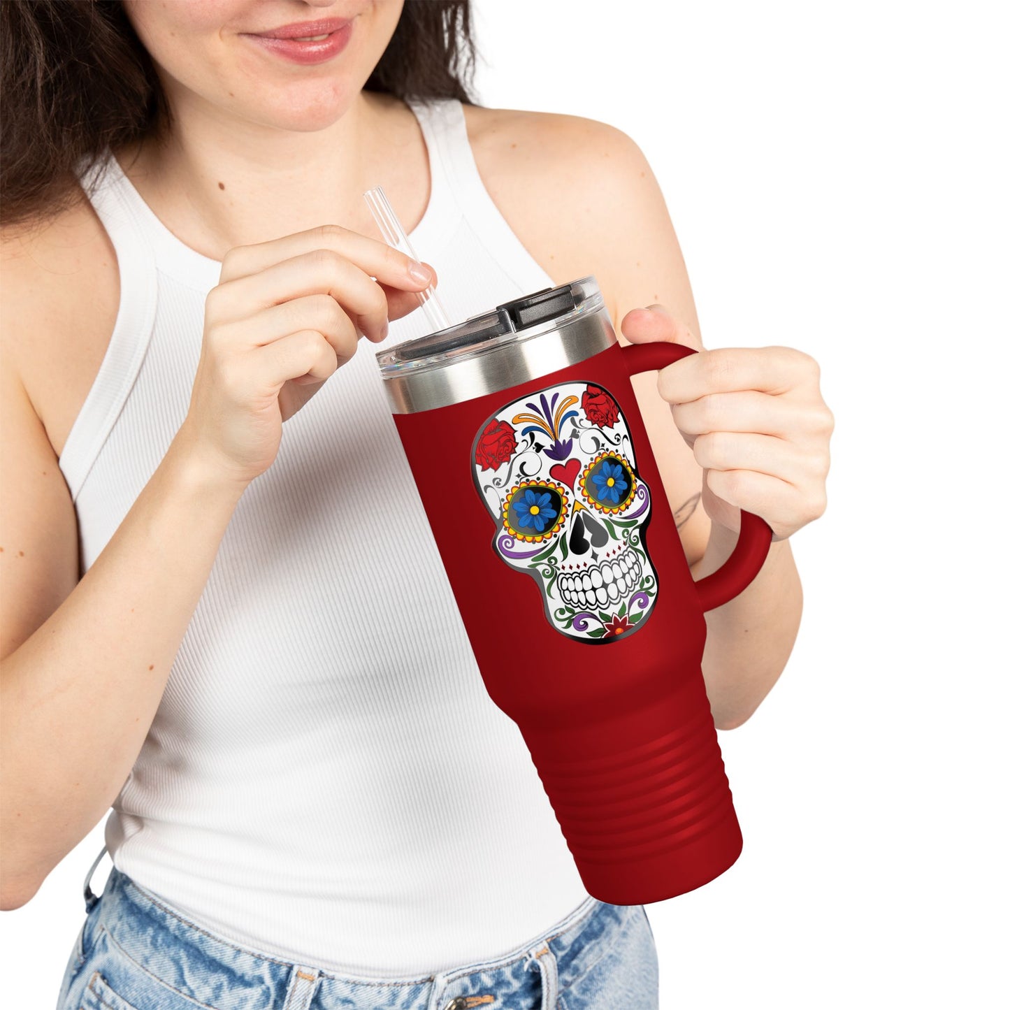 Colorful Sugar Skull Insulated Travel Mug, 40oz, Perfect for Road Trips, Gifts