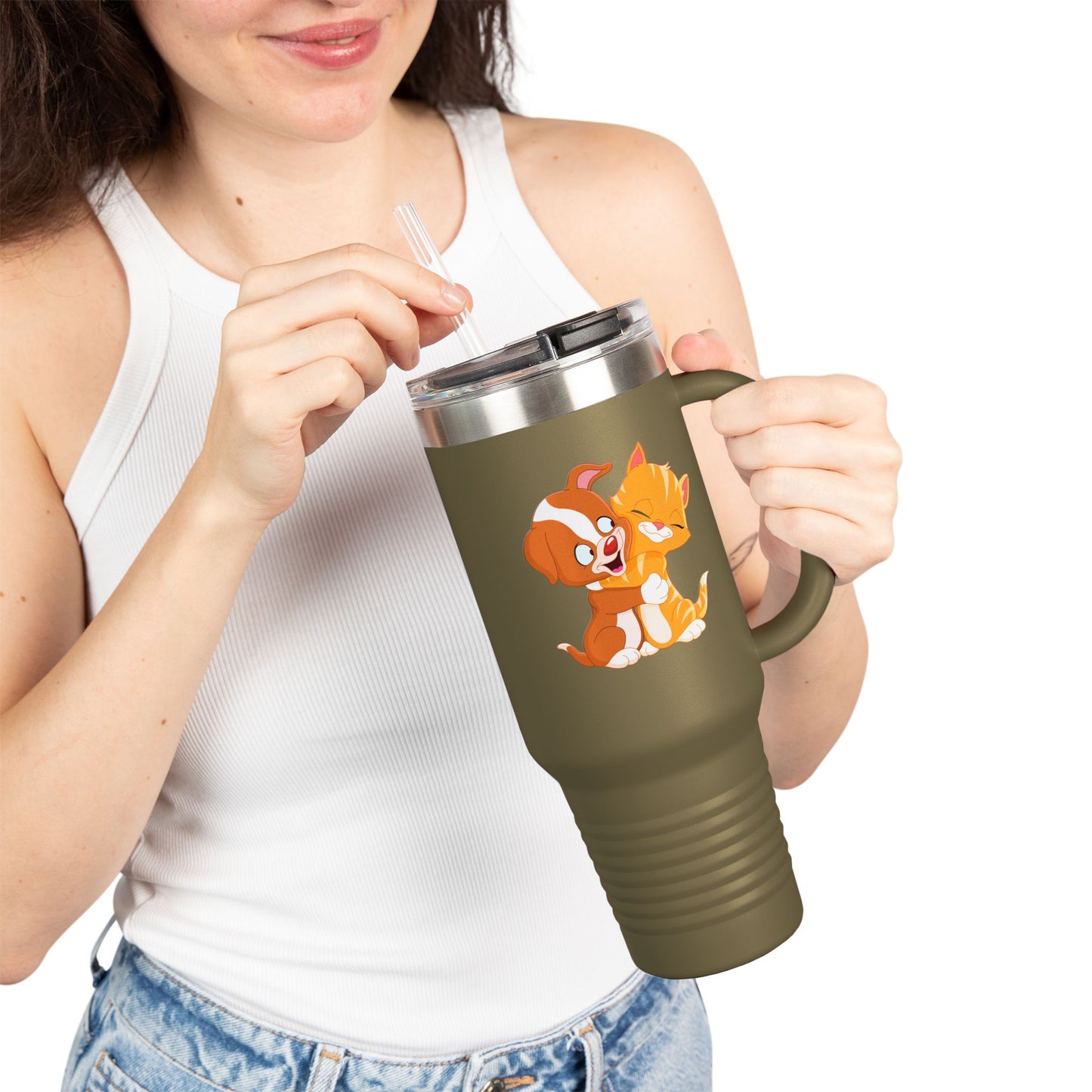 Whimsical Pet Love Insulated Travel Mug, Cute Animal Travel Mug, 40oz Coffee Cup, Dog Cat Drinkware, Funny Gift for Pet Lovers