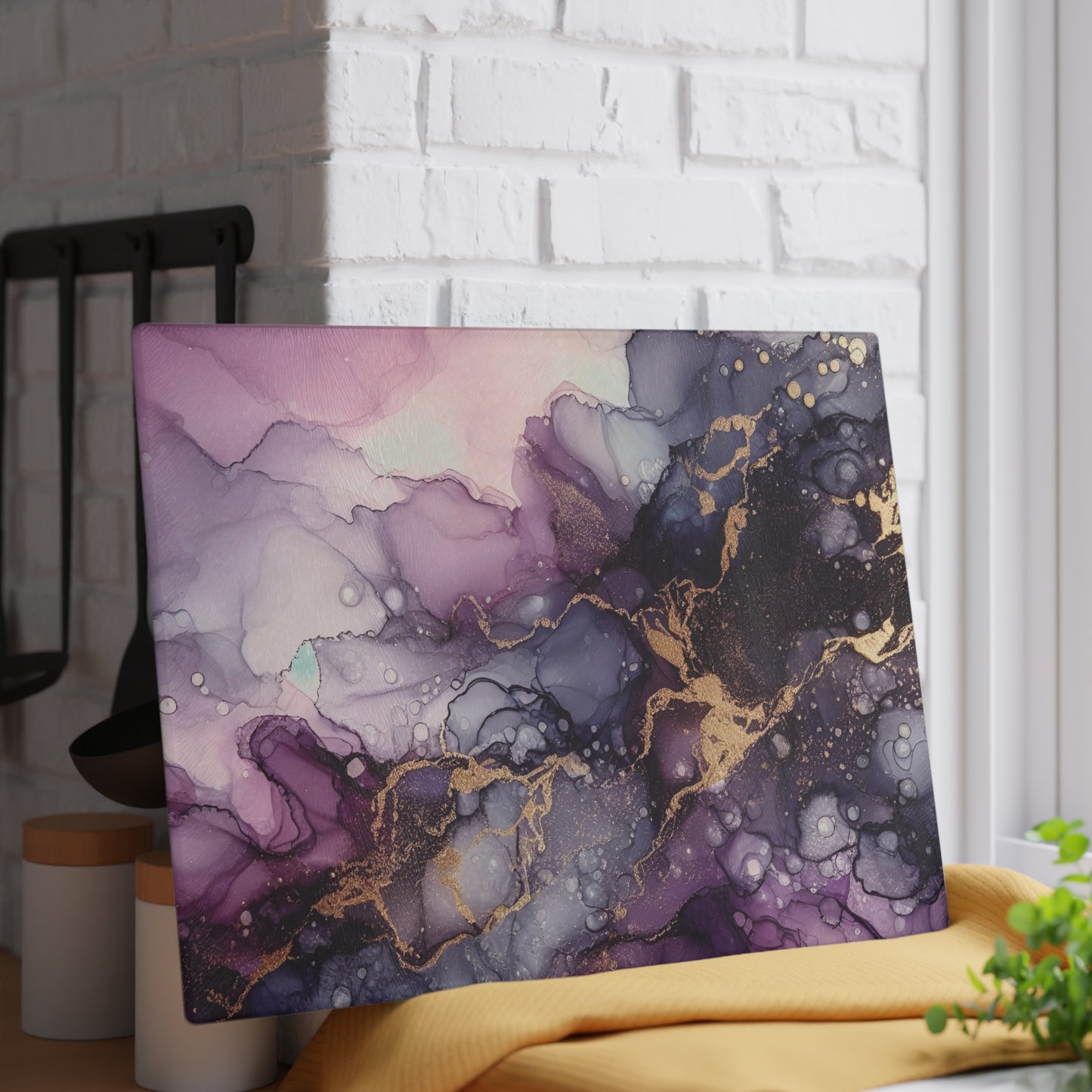 Purple Marble Glass Cutting Board – Abstract Gold Vein Kitchen Board