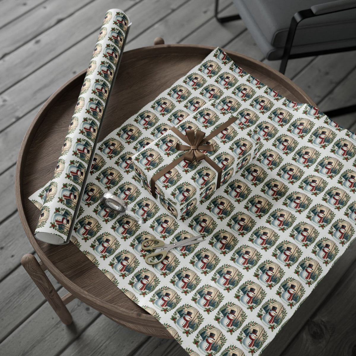 Snowman Wreath Christmas Wrapping Paper Roll — Festive Holiday Gift Wrap