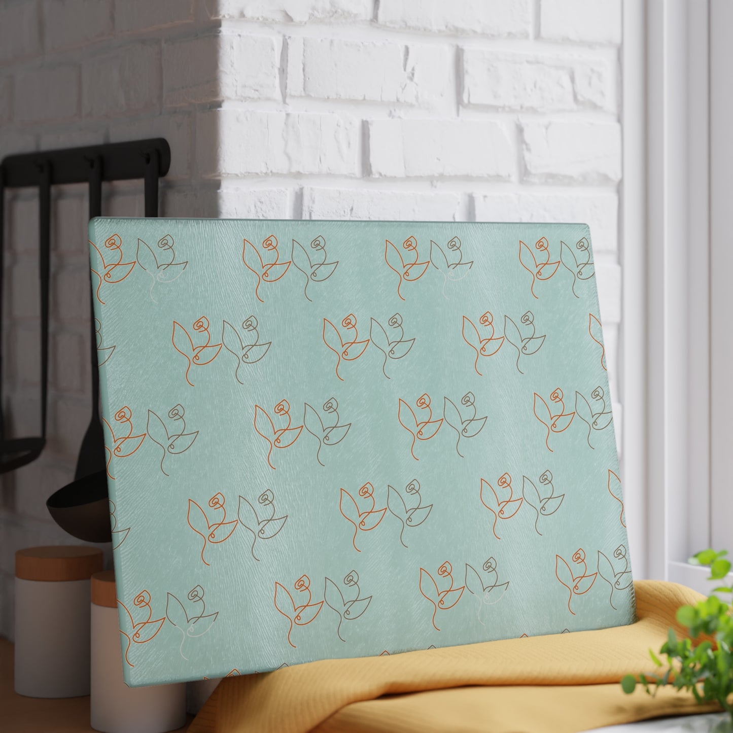Floral Line Art Glass Cutting Board — Minimal Rose Pattern on Mint or White