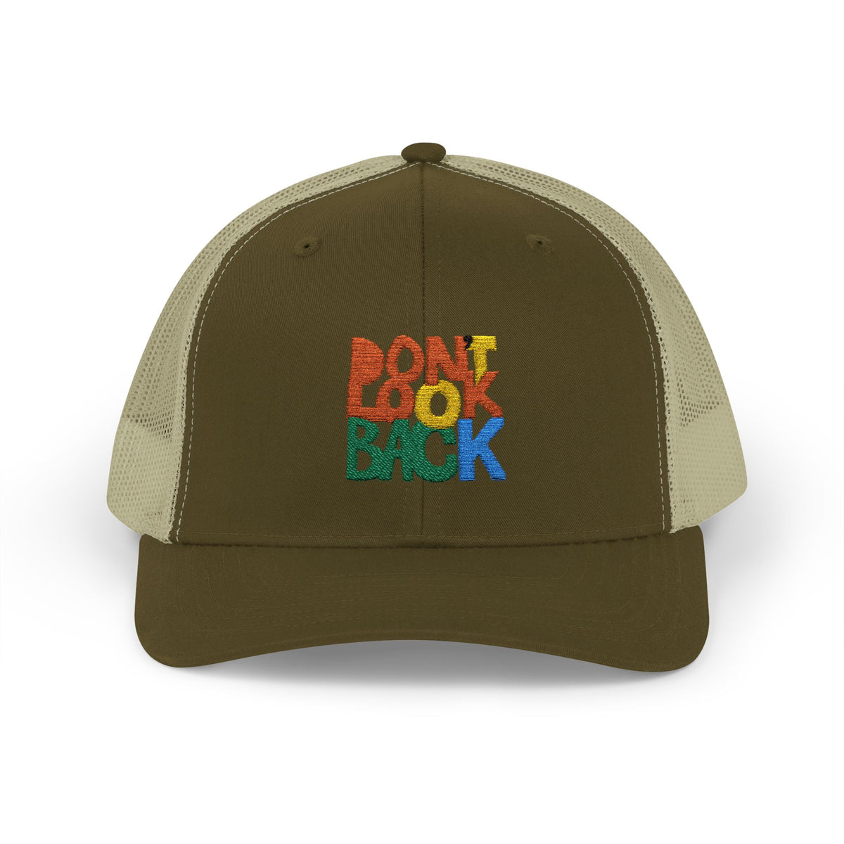 Don’t Look Back Snapback Trucker Cap — Retro Rainbow Embroidered Hat