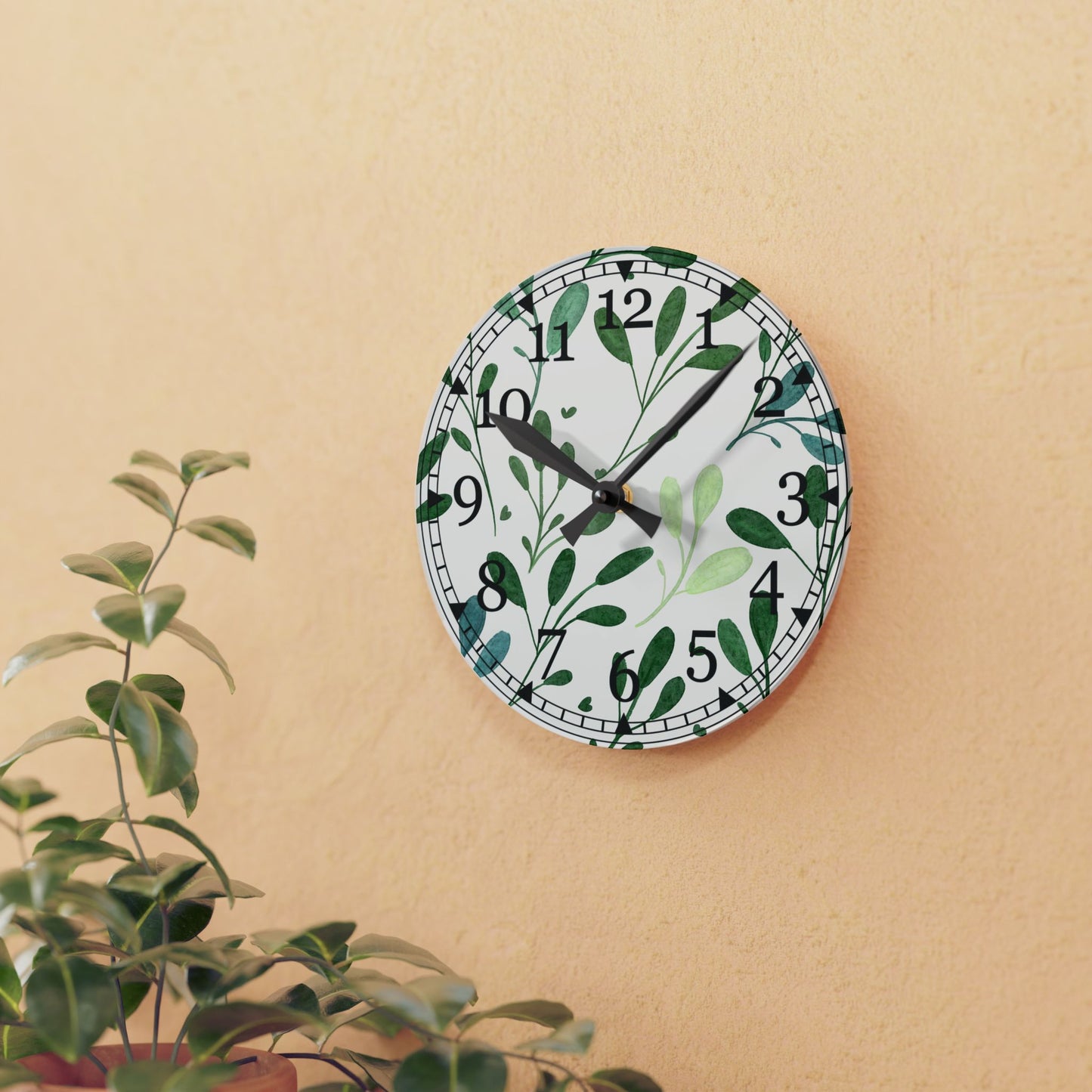 Nature Inspired Acrylic Wall Clock, Greenery Home Decor, Modern Timepiece