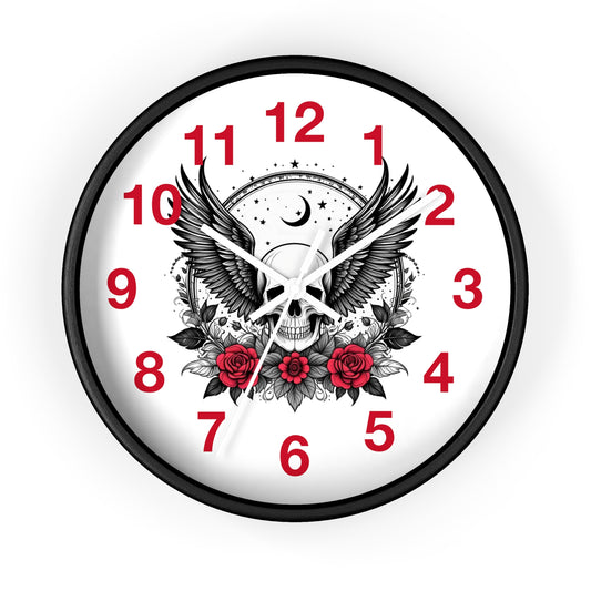 Winged Skull with Red Roses Wall Clock | Gothic Moon Skull Clock