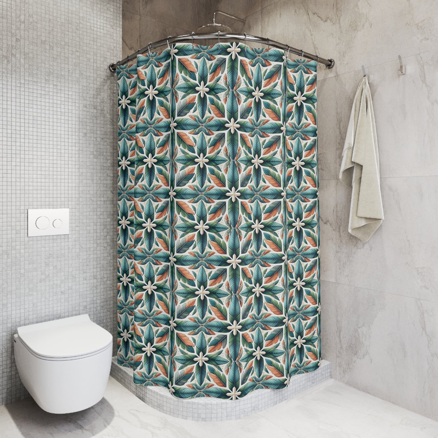 Bohemian Tile Pattern Shower Curtain — Teal & Terracotta Floral Geometric Bath Decor