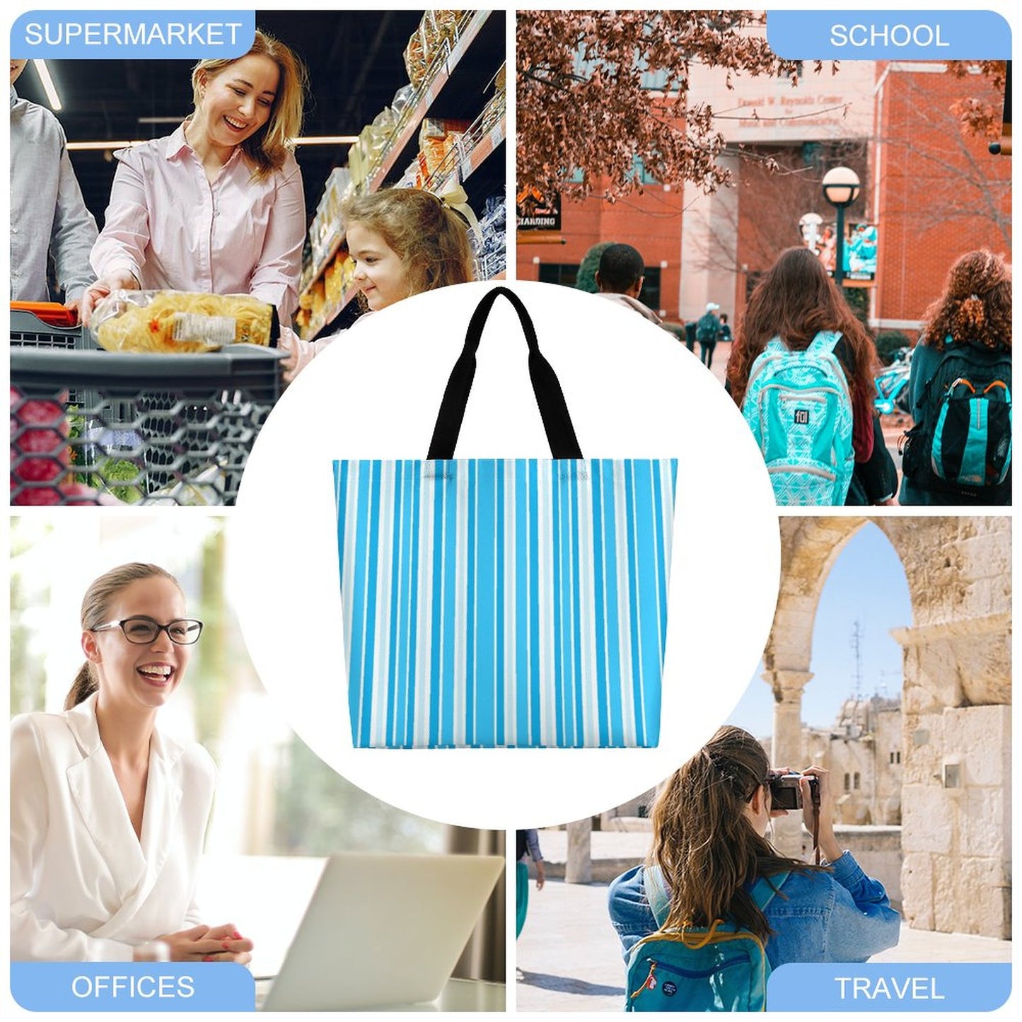 Large One Shoulder Shopping Bag Blue Stripes