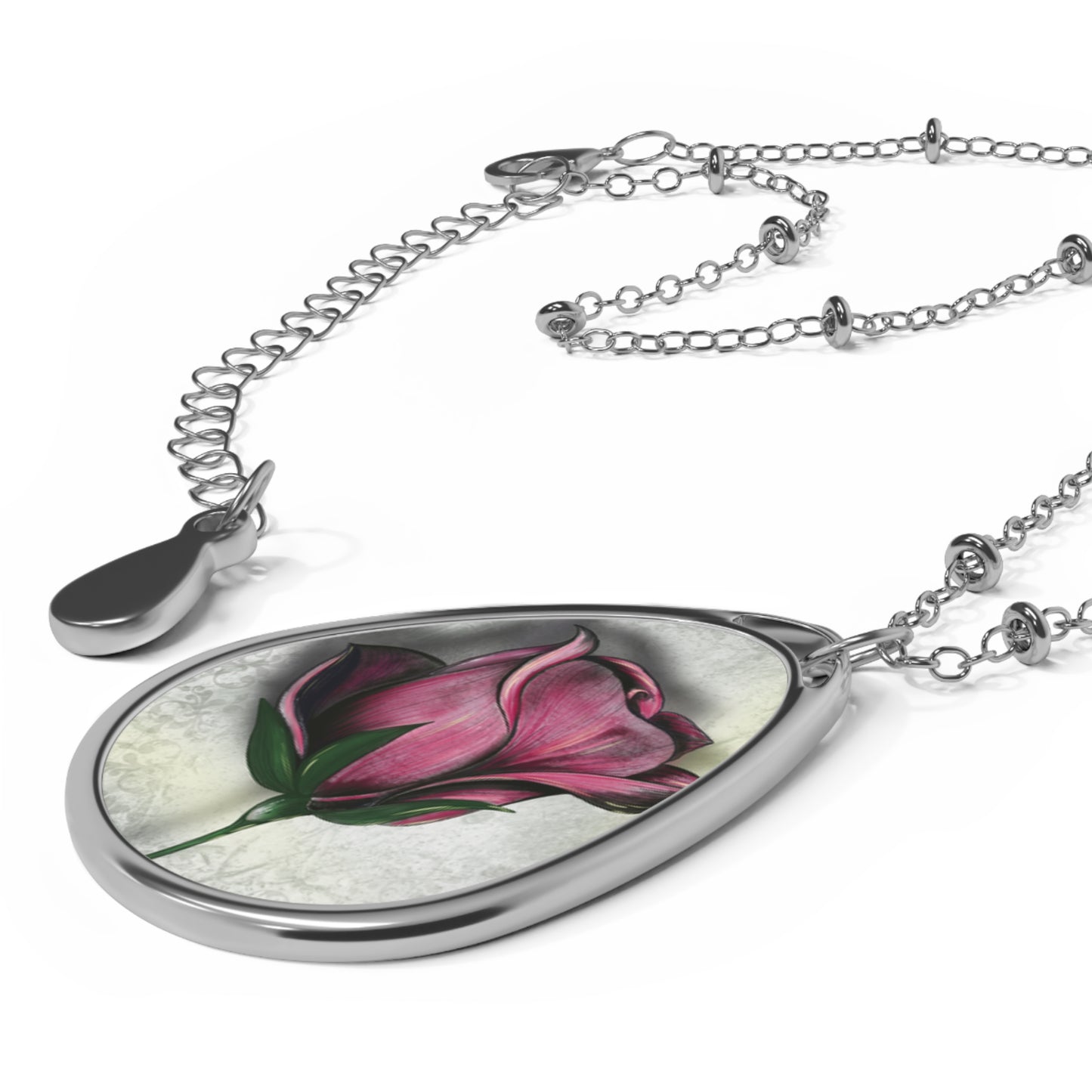 Elegant Floral Oval Necklace with Rose Design, Gift for Her, Birthday Jewelry, Delicate Charm, Nature Inspired Accessory