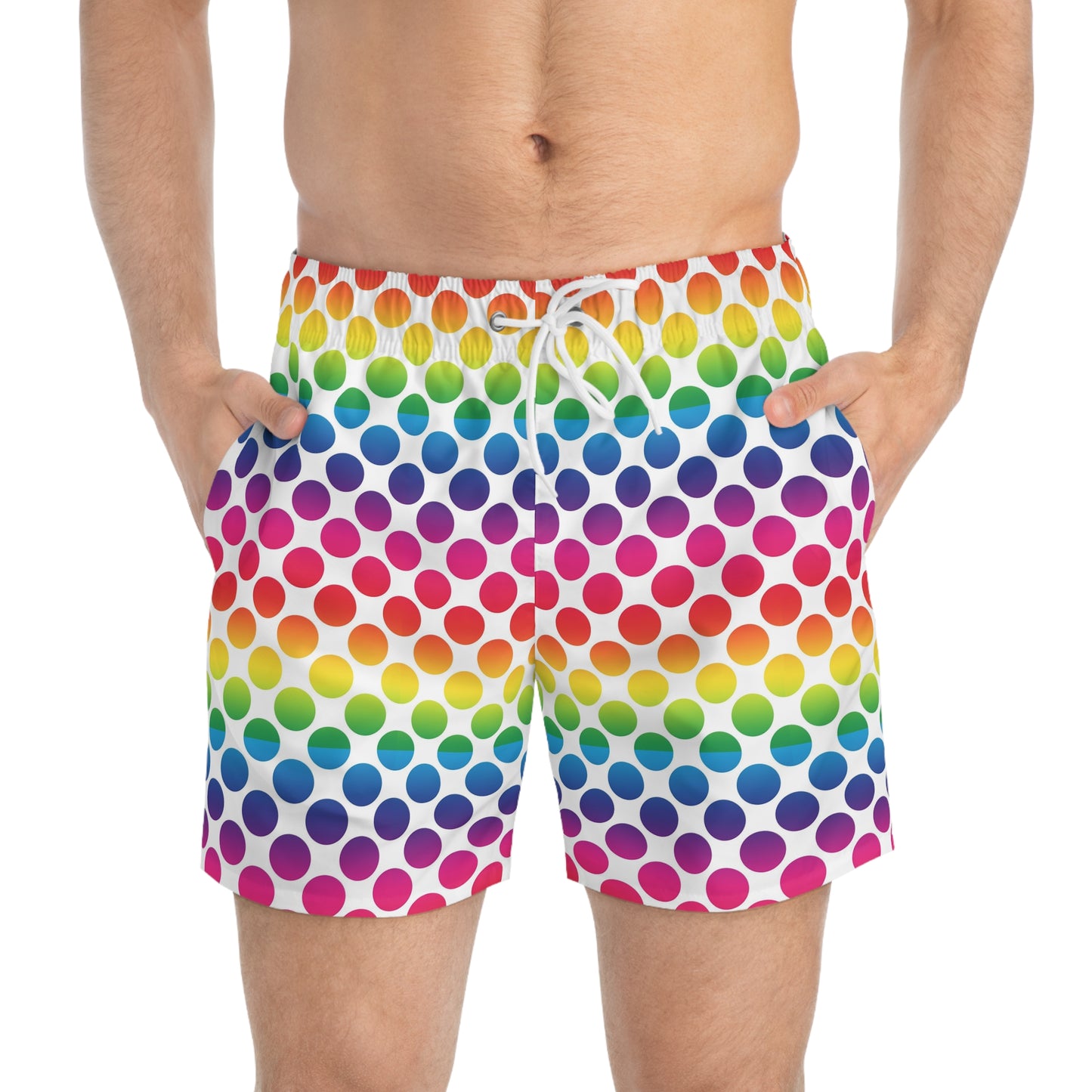 Vibrant Rainbow Polka Dot Swim Trunks, Fun Beachwear, Summer Pool Party Shorts, Gifts for Vacationers, Colorful Swimming Apparel