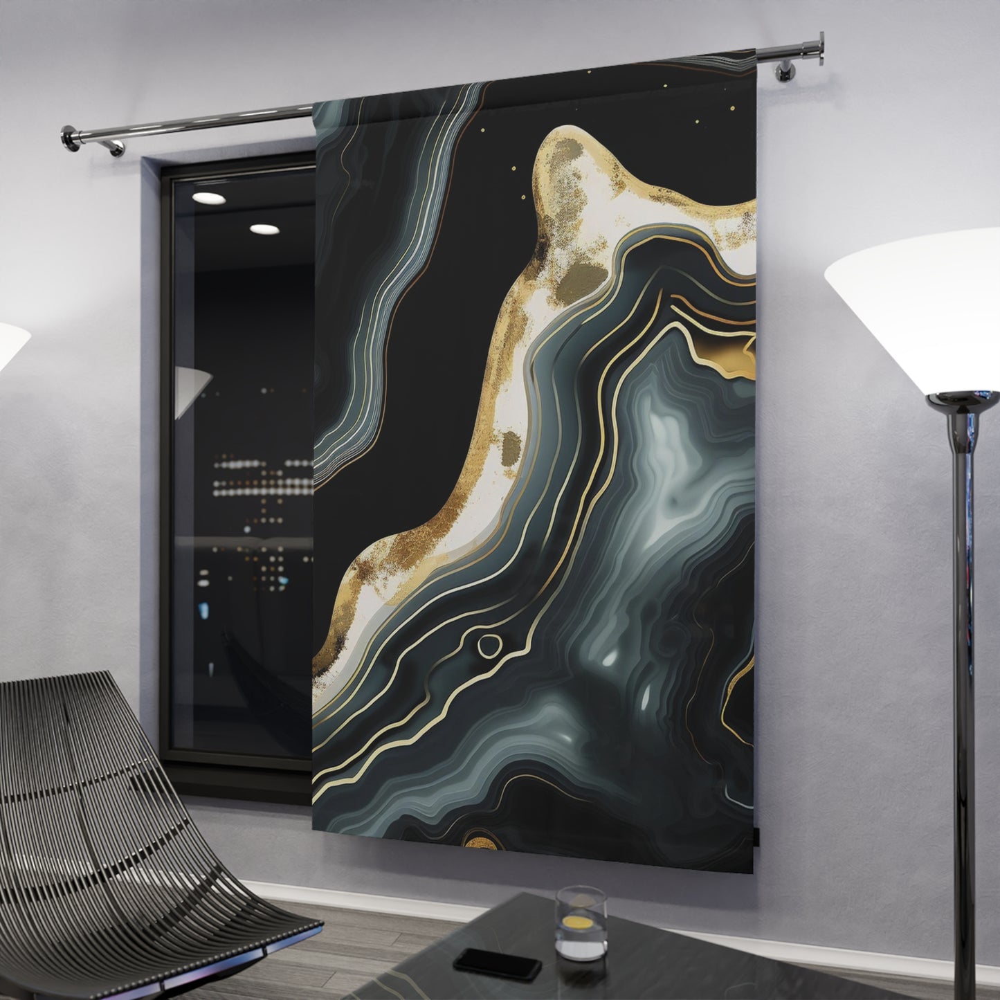 Elegant Abstract Window Curtains, Modern Home Decor, Geode Print, Black and Gold Drapes, Stylish Living Room Upgrade, Perfect Gift