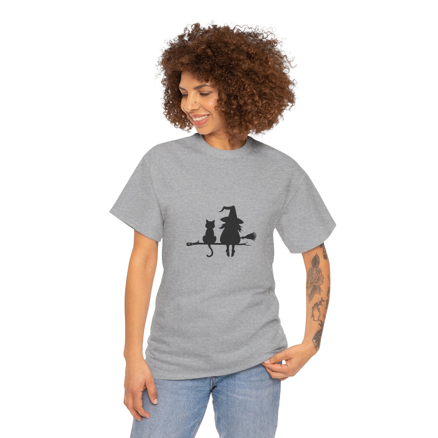Witch and Cat Tee | Spooky Unisex Shirt for Halloween | Cute Witchwear for Cat Lovers | Fall Wardrobe Essential | Gift for Magical Friends
